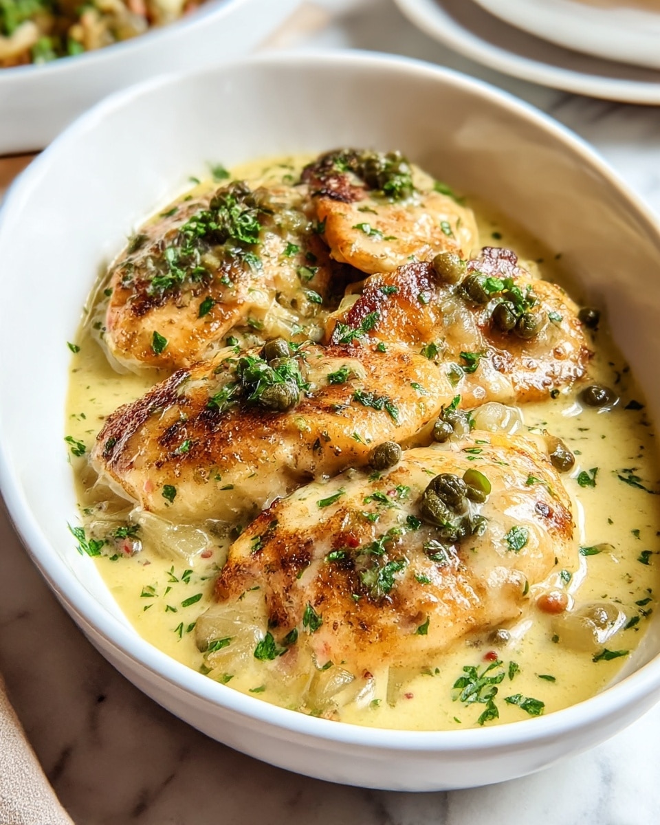 A white oval bowl holds four browned, seared fish fillets arranged in a loose cluster, each topped with small green herb pieces. The fish sits in a thick, creamy sauce, pale yellow with visible chunks of onions, capers, and small bits of red seasoning throughout. The sauce pools around the fillets, adding a glossy texture, with finely chopped green herbs sprinkled across the dish for color contrast. The bowl is set on a white marbled surface with a soft focus background where parts of another white dish are visible. photo taken with an iphone --ar 4:5 --v 7