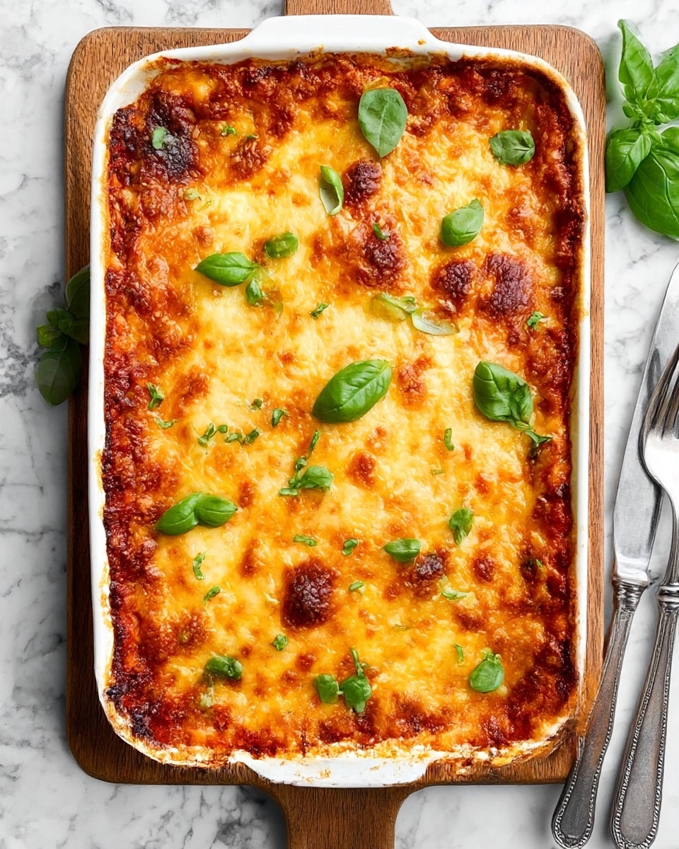 A white rectangular baking dish holds a baked lasagna with a golden-brown, slightly crispy cheese layer on top, showing some darker browned spots around the edges. The top cheese layer looks thick and bubbly, with small patches of tomato sauce peeking through. Fresh green basil leaves are scattered evenly on top, adding bright color contrast. The dish sits on a wooden board, set on a white marbled texture surface, with a silver fork and knife placed nearby on the right side. photo taken with an iphone --ar 4:5 --v 7