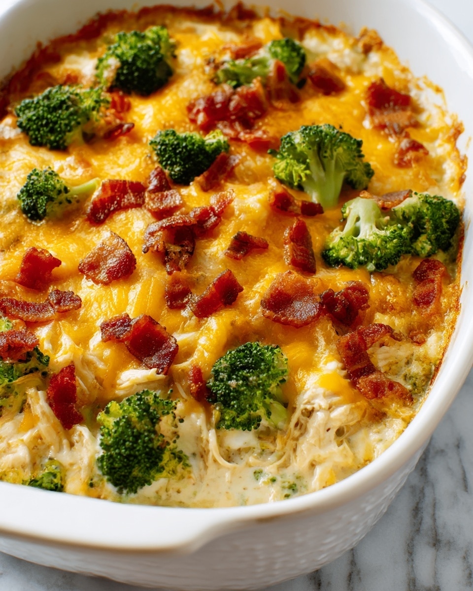A white casserole dish filled with a creamy casserole showing three visible layers: at the bottom, a creamy white sauce layer with broccoli florets; the middle layer contains shredded cooked chicken mixed with the sauce, topped with melted yellow cheddar cheese; scattered on the top are bright green broccoli pieces and small crispy brown bacon bits. The casserole has a textured, slightly browned surface where the cheese melted and crispy bacon contrasts with the vegetables. It sits on a white marbled surface, and the photo is taken close-up showing the details of each ingredient. photo taken with an iphone --ar 4:5 --v 7