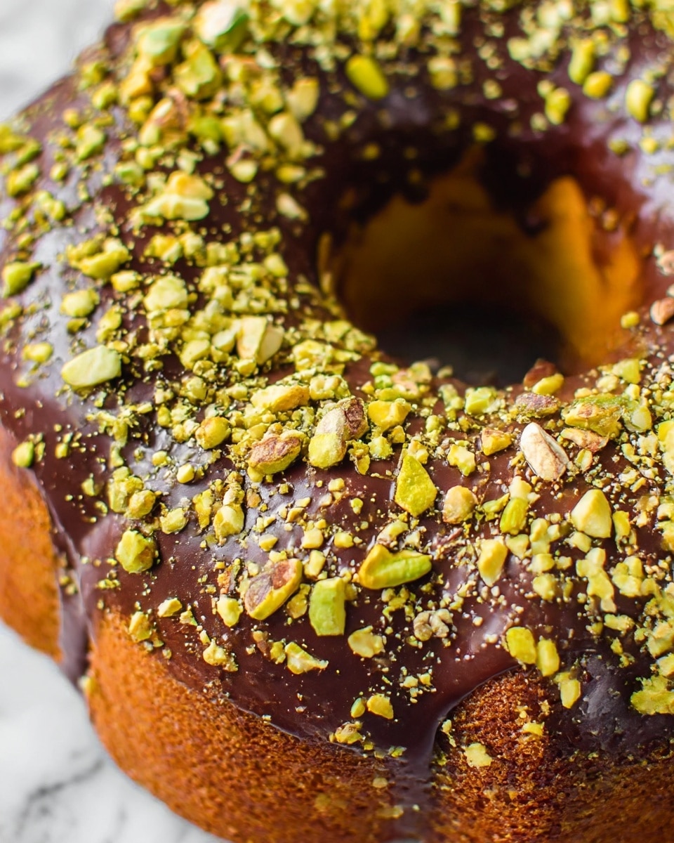 A close-up view of a slice of marble cake with two main layers inside: a light green cake layer with a soft texture and a dark chocolate cake layer with chocolate bits mixed in. The top is covered in a thick, rich chocolate frosting that is smooth but slightly uneven, sprinkled with chopped pistachios adding crunch and green colors. The cake slice sits on a white plate with a silver fork resting beside it, holding a small piece of pistachio at the front. The background is softly blurred with bright pink flowers and a white marbled texture surface underneath. Photo taken with an iphone --ar 4:5 --v 7
