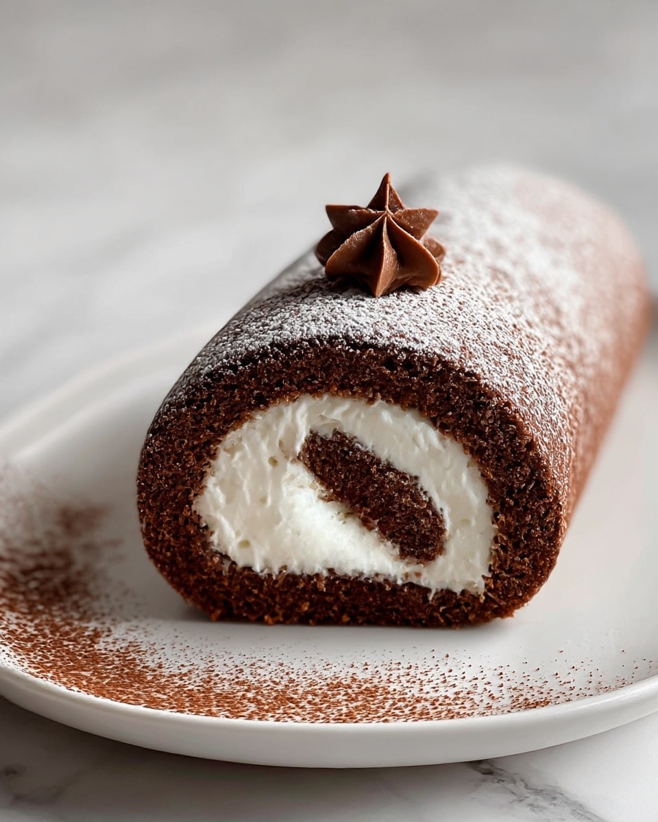 A chocolate roll cake sits on a white plate on a white marbled surface. The cake features a soft, dark brown chocolate sponge cake rolled with a thick layer of smooth white cream filling inside, creating a spiral pattern. The outside is dusted with powdered sugar and cocoa powder, giving it a slightly textured look. On top of the roll cake, there is a small dollop of chocolate cream with a star shape, adding detail and contrast to the smooth surface. Around the base of the cake on the plate, there is a light sprinkling of cocoa powder. The whole scene has soft, natural lighting and a clean, simple look. photo taken with an iphone --ar 4:5 --v 7