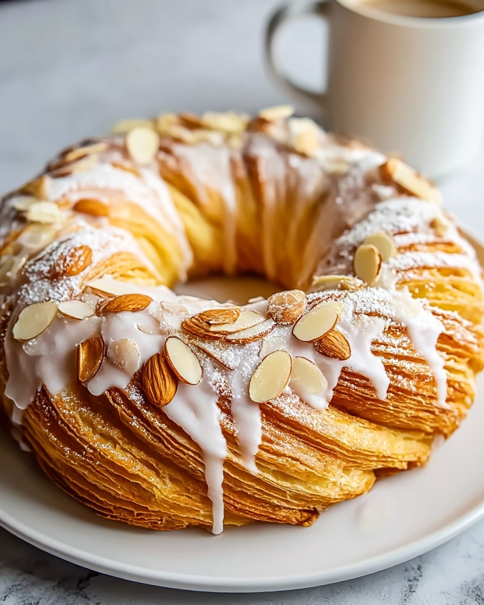 A round, twisted pastry ring sits on a white plate over a white marbled surface, showing many thin, golden-brown flaky layers stacked to create a light, airy texture. The top is coated with a thick white icing that drips down some parts and is dusted lightly with powdered sugar. Scattered across the icing are whole almonds and sliced almonds, adding a contrast of light brown and beige colors and a crunchy texture. In the background, a blurred white mug is visible. photo taken with an iphone --ar 4:5 --v 7