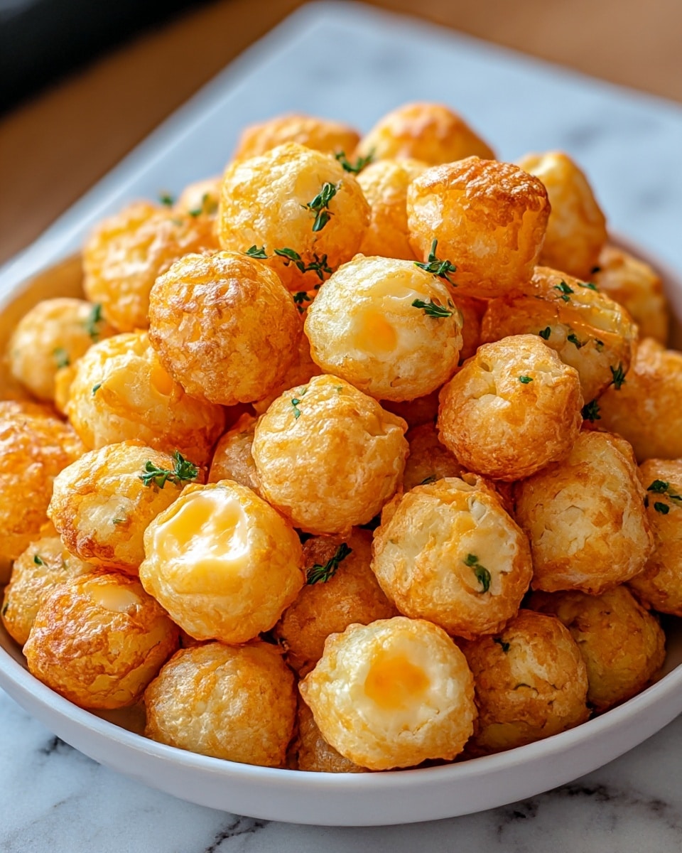 A white bowl filled with many small, round golden-brown cheese puffs, each puff showing a crispy, slightly shiny surface with some light melting cheese visible inside. The puffs are piled high, with a few small green herb pieces sprinkled on top for color contrast. The bowl sits on a white marbled surface with soft natural light highlighting the texture and colors of the puffs. photo taken with an iphone --ar 4:5 --v 7
