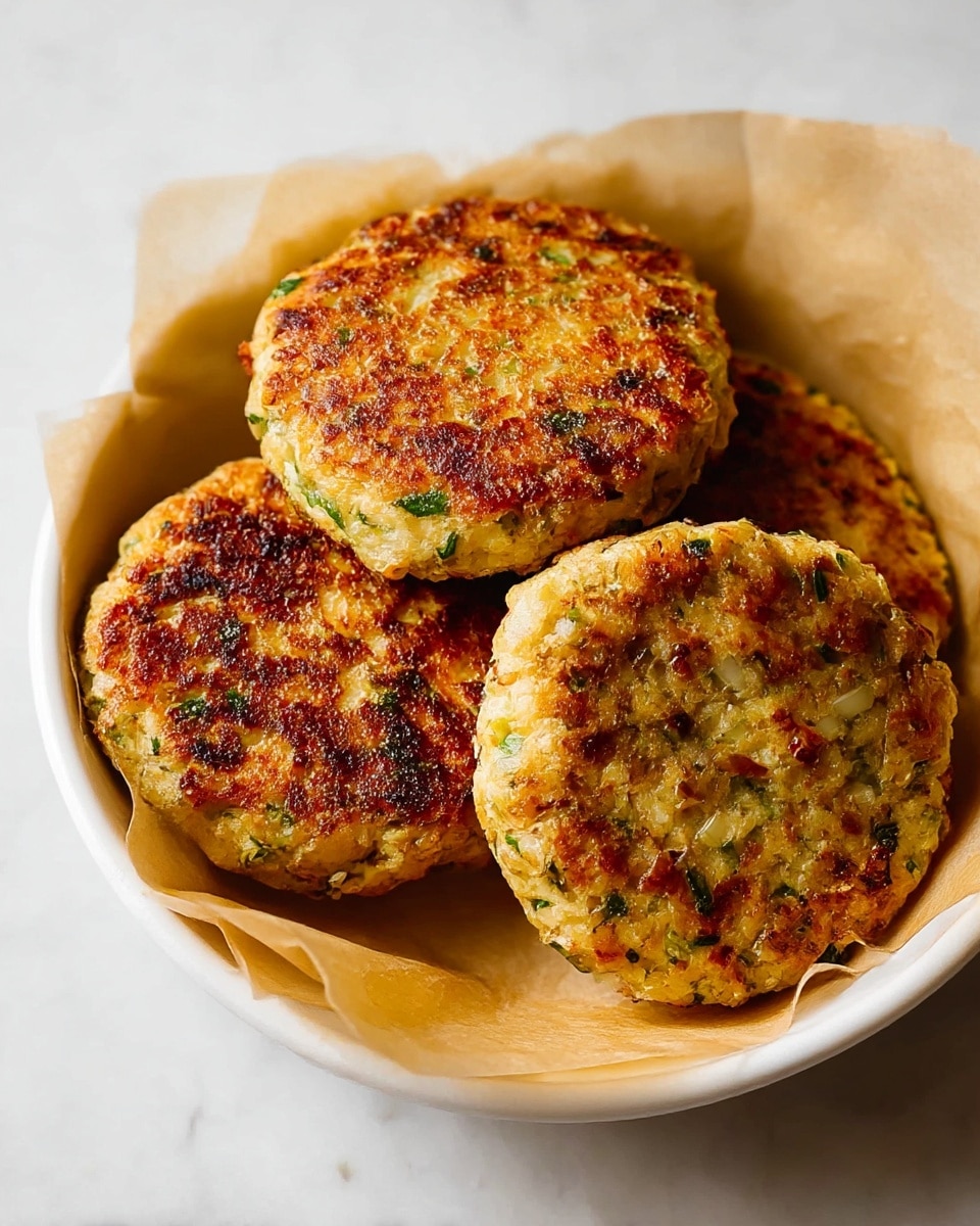 Four golden brown, round patties with a textured surface full of visible green herbs and small browned bits sit closely together on light brown parchment paper inside a white bowl. The patties have a crispy, slightly uneven outer layer, showing hints of caramelization and a moist inside, with a mix of green specks and tiny chunks of ingredients. The white bowl rests on a white marbled surface, creating a clean and simple backdrop. Photo taken with an iphone --ar 4:5 --v 7