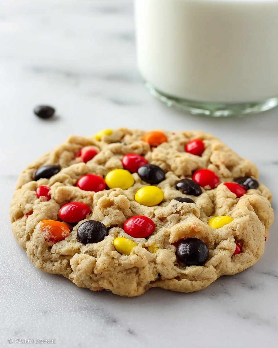 A single large cookie with a rough, uneven surface lies flat on a white marbled texture. The cookie is light brown, dotted with colorful candy-coated chocolates in red, black, and yellow scattered across the whole cookie, some slightly sunken into the dough while others rest on top. In the background, a glass container with a white lid is slightly out of focus. photo taken with an iphone --ar 4:5 --v 7