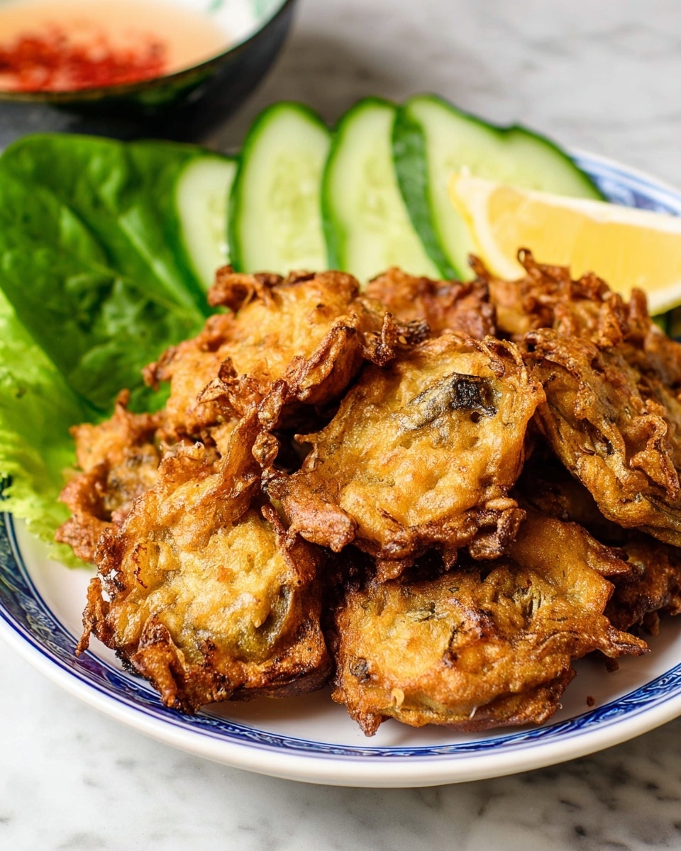 A white dish with a blue rim holds a pile of golden-brown fried mushroom fritters showing a rough, crispy texture on each piece, layered unevenly, with some edges darker and crunchier. Behind the mushrooms, there are dark green lettuce leaves and three slices of bright green cucumber layered side by side, adding fresh colors. A small lemon wedge with a bright yellow color sits to the side, partially visible. The background shows a dark bowl and the whole scene is set on a white marbled surface. photo taken with an iphone --ar 4:5 --v 7