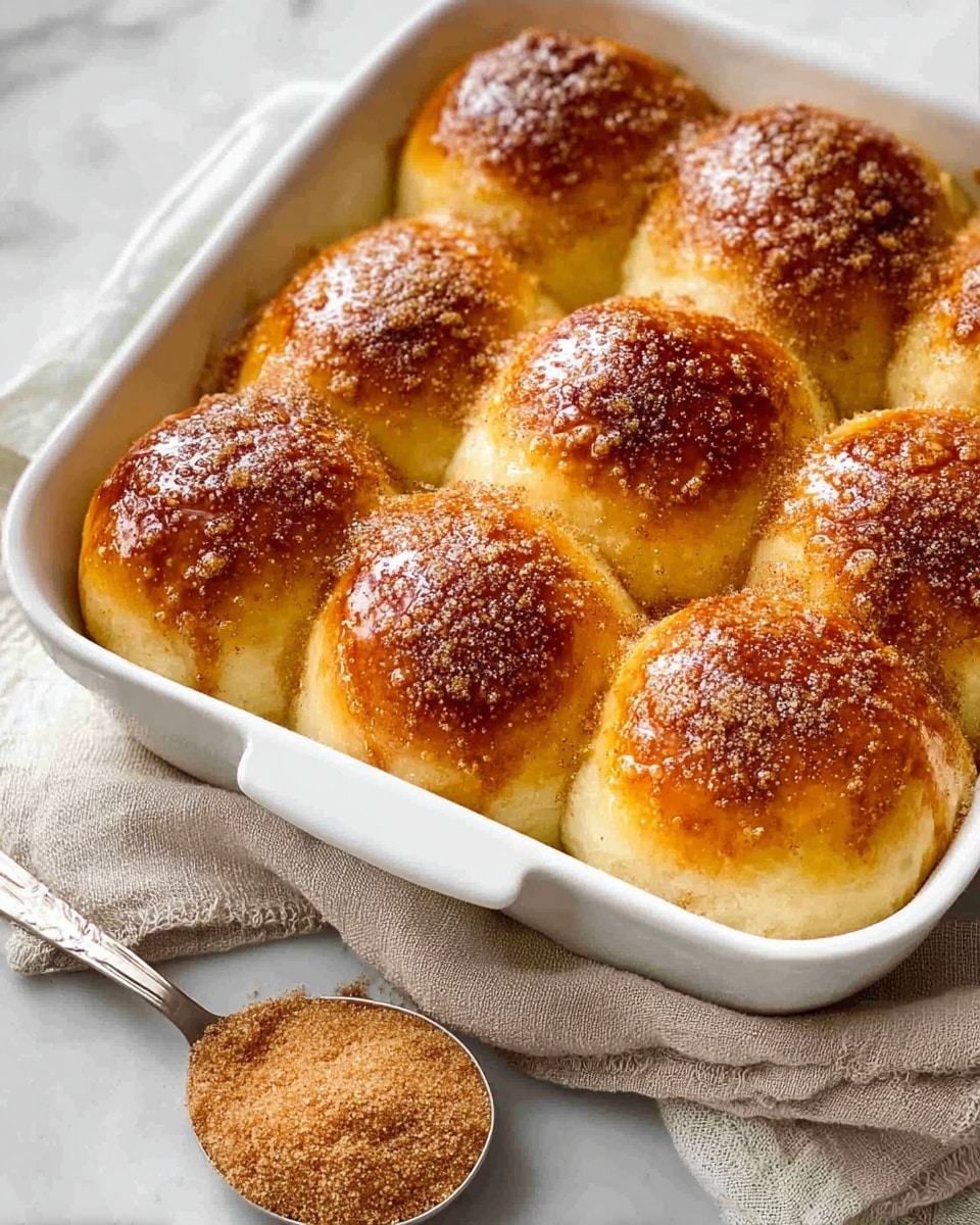 A white rectangular baking dish filled with eight soft, golden brown dinner rolls closely packed together, each roll shiny from a glaze and topped with a sprinkle of cinnamon sugar, creating a light, grainy texture on top. The rolls have a slightly uneven surface, indicating their fluffiness, and are slightly touching each other. The dish sits on a beige cloth, and next to it is a vintage silver spoon holding more cinnamon sugar. The background is a white marbled texture. photo taken with an iphone --ar 4:5 --v 7