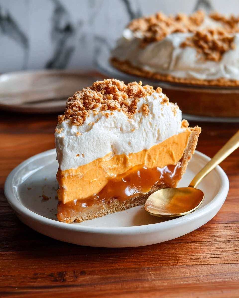 A pie with three visible layers sits on a white plate that has a scalloped edge, placed on a wooden cake stand with a white base. The bottom layer is a golden-brown crust with a crunchy texture, slightly crimped around the edge. Above the crust is an orange filling that looks smooth and thick. The top layer is a thick, fluffy, and white whipped cream spread unevenly with visible swirls and peaks. The background is a dark brown color, and the surface is changed to a white marbled texture. photo taken with an iphone --ar 4:5 --v 7