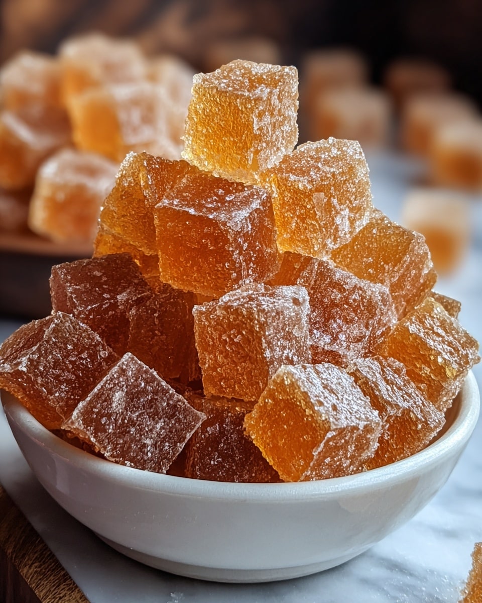 The image shows a close-up of a bowl filled with small translucent golden brown cubes that look like jelly candies or gelatin treats. The cubes are piled high, with a mix of light amber and deeper brown shades, giving a shiny and slightly grainy texture. They are stacked unevenly, showing their glossy surfaces and some powdery sugar coating, which catches the light and adds a sparkling effect. The bowl is white and sits on a white marbled surface with a blurred background highlighting more similar cubes out of focus. photo taken with an iphone --ar 4:5 --v 7