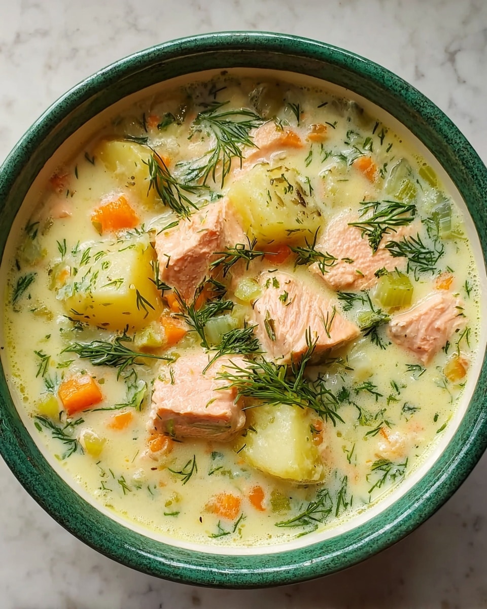A bowl of creamy soup filled with several thick chunks of pink salmon and large potato pieces, mixed with small diced orange carrots and translucent celery pieces. The soup base is pale yellow with visible green herbs, and the bowl itself is white with a green outer rim, placed on a white marbled background. Fresh dill sprigs are generously sprinkled on top, adding a vibrant green touch. photo taken with an iphone --ar 4:5 --v 7