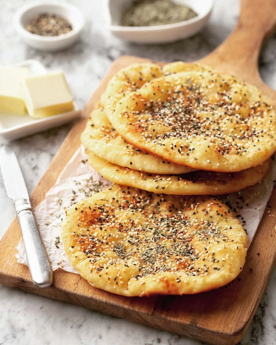 The image shows four round, golden flatbreads stacked on a light wooden cutting board. Each flatbread has a slightly uneven edge and is topped with a mix of black and white sesame seeds, poppy seeds, and dried onion flakes, giving them a speckled texture. To the left of the flatbreads, a silver butter knife has a small square of pale butter resting on the blade. A folded purple cloth napkin is visible in the upper left corner, all set against a white marbled background. photo taken with an iphone --ar 4:5 --v 7
