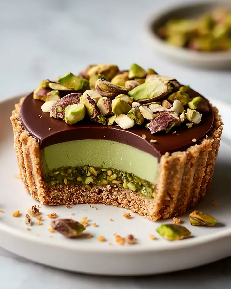 A close-up of a small tart sitting on a white plate with a white marbled background. The tart has three visible layers: a crumbly light brown crust forming the base and sides, a thick middle layer of smooth green pistachio filling with chopped pistachio pieces mixed inside, and a glossy dark chocolate top layer sprinkled with whole and halved pistachio nuts. The edges of the crust are slightly ridged, and some crumbs are scattered on the plate around the tart. photo taken with an iphone --ar 4:5 --v 7