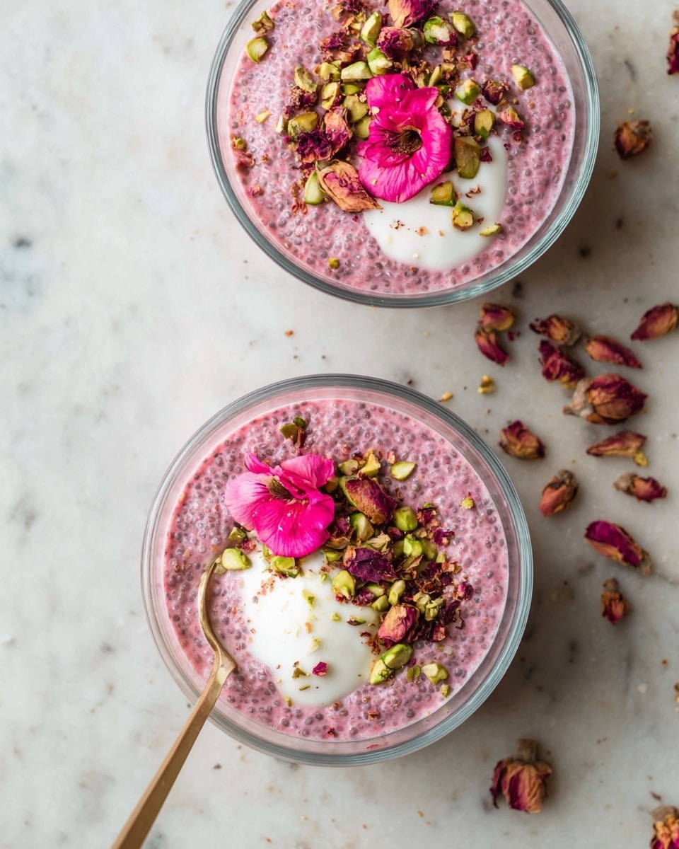 Two clear glass bowls hold a pink chia pudding with a smooth, seeded texture. Each bowl has a white creamy dollop on top, creating a small mound in the center. Scattered over the cream are green chopped pistachios and dried rose petals in reddish-brown hues. Bright pink edible flowers rest on the cream, adding a fresh vibrant accent. One bowl has a gold spoon gently placed on the edge, disappearing into the pudding. The scene is set on a white marbled surface with a few dried rose petals scattered lightly around. photo taken with an iphone --ar 4:5 --v 7