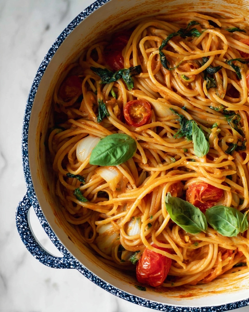 A close-up view of a white and blue speckled pot filled with spaghetti layered in a rich orange tomato sauce, mixed with thinly sliced white garlic pieces and small red cherry tomato halves. Fresh green basil leaves are scattered on top, adding bright green contrast to the warm colors of the pasta and sauce. The pot is placed on a white marbled surface, and the texture of the pasta intertwines with the sauce, creating a creamy and appetizing look. photo taken with an iphone --ar 4:5 --v 7