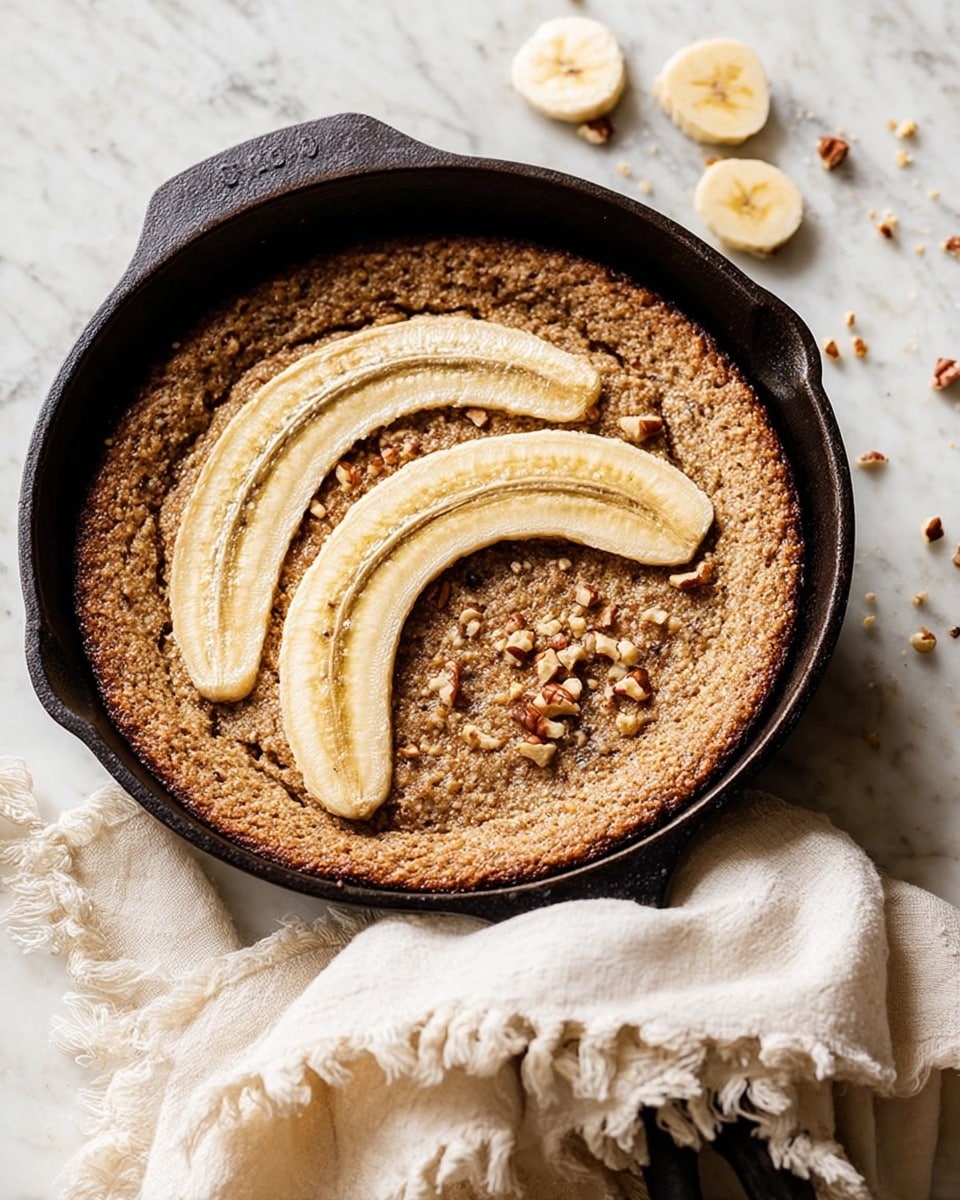 A round baked dish in a black cast iron skillet, showing two half-slices of banana placed on top, arranged in a curve near the center. The baked surface has a rough, crumbly texture in light brown color with some small nut pieces visible within. Around the skillet, there are scattered small nut bits and a few banana slices on a white marbled surface. A cream-colored cloth with fringed edges is draped over the skillet handle in the foreground. photo taken with an iphone --ar 4:5 --v 7