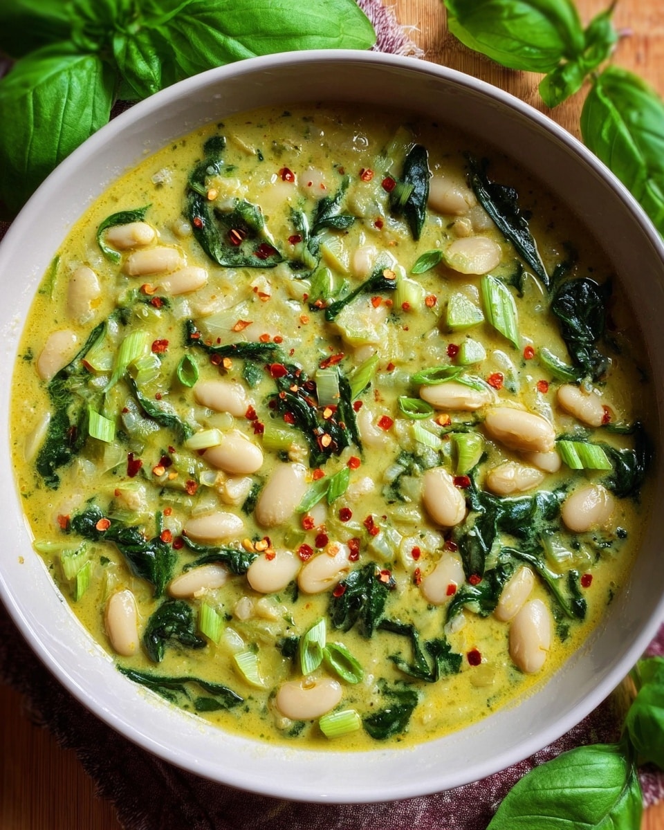 A white bowl filled with a creamy stew made of pale yellow-green liquid, white beans, chopped light green onions, and dark green spinach leaves mixed throughout. There are small red chili flakes scattered on top. The bowl sits on a wooden surface with fresh green basil leaves around. photo taken with an iphone --ar 4:5 --v 7