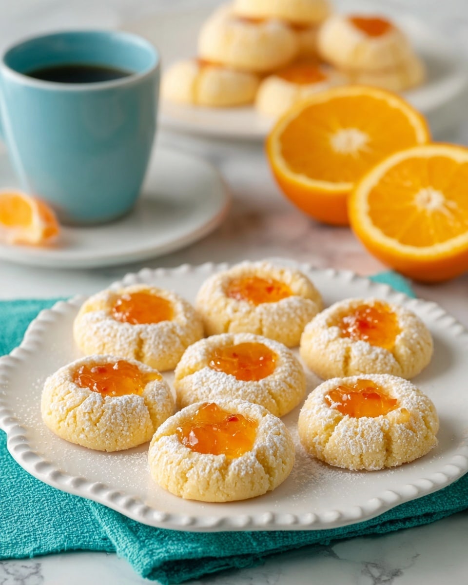 A white scalloped plate holds seven round cookies, each dusted with powdered sugar and topped with bright orange jam in the center, creating a contrast between the pale cookie and glossy jam. The cookies have a slightly cracked, soft texture with sugar dusted over them. The plate rests on a teal cloth, and in the upper right corner, there are two halves of a bright orange placed on a white marbled surface. Another plate with similar cookies is faintly visible in the top left corner. The overall scene is bright and fresh with natural light. photo taken with an iphone --ar 4:5 --v 7