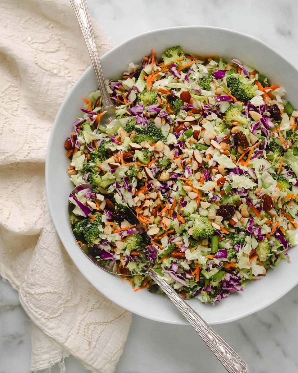 A large white bowl holds a vibrant mixed salad with several colorful layers: finely chopped green broccoli, shredded orange carrots, small pieces of white cauliflower, and purple cabbage bits scattered evenly throughout. Small green celery slices and fresh green herbs add brightness, while whole almonds, raisins, and sunflower seeds provide texture and brownish tones. Two silver serving spoons rest on the edge of the bowl, one filled with a portion of the salad. The whole scene is set on a white marbled surface with part of a light cream fabric visible near the bowl. Photo taken with an iphone --ar 4:5 --v 7