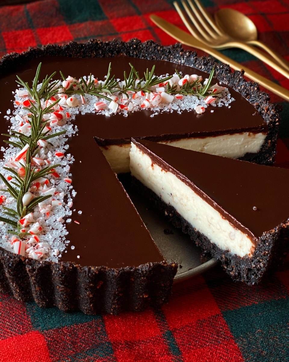 A dark chocolate tart with three visible layers: a crumbly dark chocolate crust forming the outer edge, a thick creamy white filling in the middle, and a smooth, shiny dark chocolate layer on top. A slice is cut and slightly pulled out, showing the cross-section of the three layers clearly. On top of the tart, a diagonal line of decorations runs from top to bottom, consisting of small white sugar crystals, tiny peppermint pieces in red and white, and fresh green rosemary sprigs evenly spaced. The tart sits on a red and green plaid cloth, with two gold forks placed next to it. photo taken with an iphone --ar 4:5 --v 7