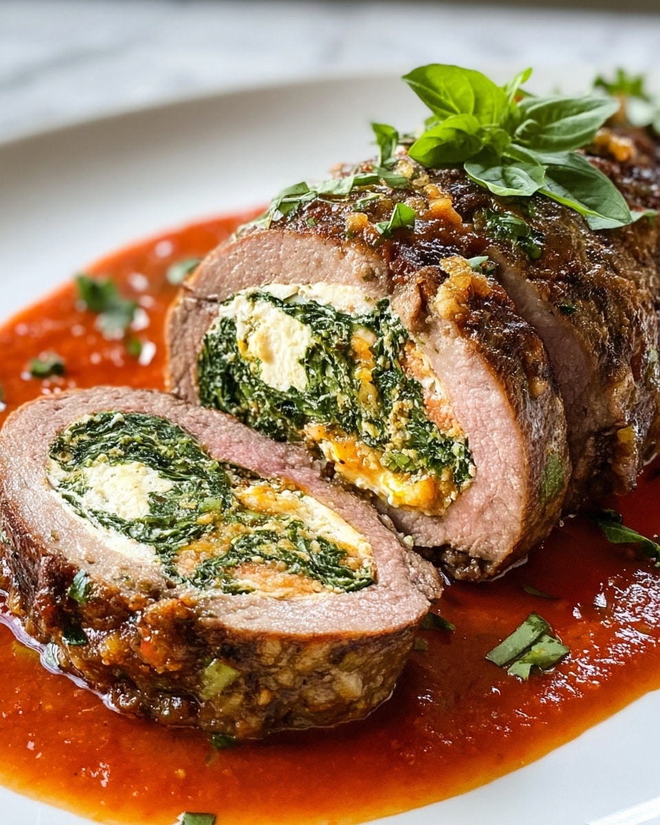 The dish features two thick slices of rolled beef stuffed with a creamy white and green spinach filling, showing a vivid contrast between the pinkish brown cooked beef outer layer and the rich green of the spinach inside. The beef rolls are topped with a golden yellow and green herb sauce that looks slightly crispy and textured, and they sit on a pool of thick, smooth reddish-brown sauce with an oily yellow layer around the edges. Fresh green basil leaves are placed both on top of the rolls and scattered around the white plate, creating a fresh look against the white marbled surface. photo taken with an iphone --ar 4:5 --v 7