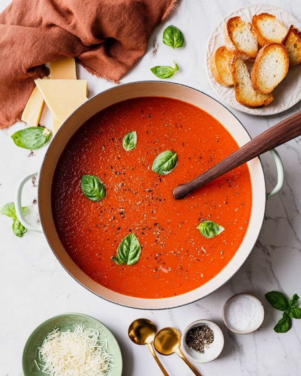 A white pan filled with bright red tomato soup, smooth in texture with small specks of herbs mixed in. On the soup surface are five fresh green basil leaves scattered around the center. A wooden spoon with a dark handle rests inside the pan on the right side. Surrounding the pan on a white marbled surface are a white plate holding four toasted bread slices, two golden spoons, a small white bowl of coarse salt, a small bowl of black pepper, and a light green plate with shredded white cheese. A rust-colored cloth napkin is folded on the top left near two wedges of pale yellow cheese, with a few green basil leaves scattered on the surface. photo taken with an iphone --ar 4:5 --v 7