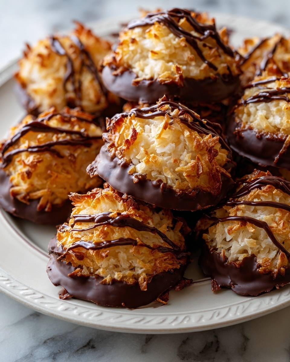 A close-up view of several round coconut macaroons arranged closely on a white plate with a slightly raised edge. Each macaroon has two main layers: a bottom layer covered in a smooth, glossy dark chocolate coating, and a textured, golden-brown toasted coconut top layer with strands sticking out. On top of each macaroon, there are thin, irregular lines of dark chocolate drizzled across the coconut from side to side. The plate sits on a white marbled textured surface with soft natural light highlighting the details. photo taken with an iphone --ar 4:5 --v 7