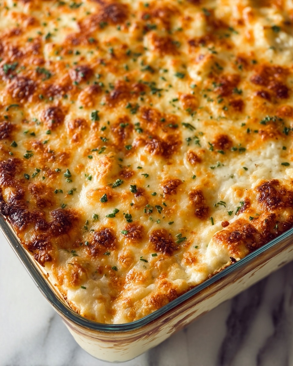 A close-up of a baked dish in a clear glass square baking dish, showing a golden brown top layer with bubbly, crispy cheese browned unevenly with darker spots, and sprinkled with finely chopped green herbs; underneath the top, a thick creamy white layer is visible through the glass sides with some browned edges near the dish. The dish sits on a white marbled surface. Photo taken with an iphone --ar 4:5 --v 7