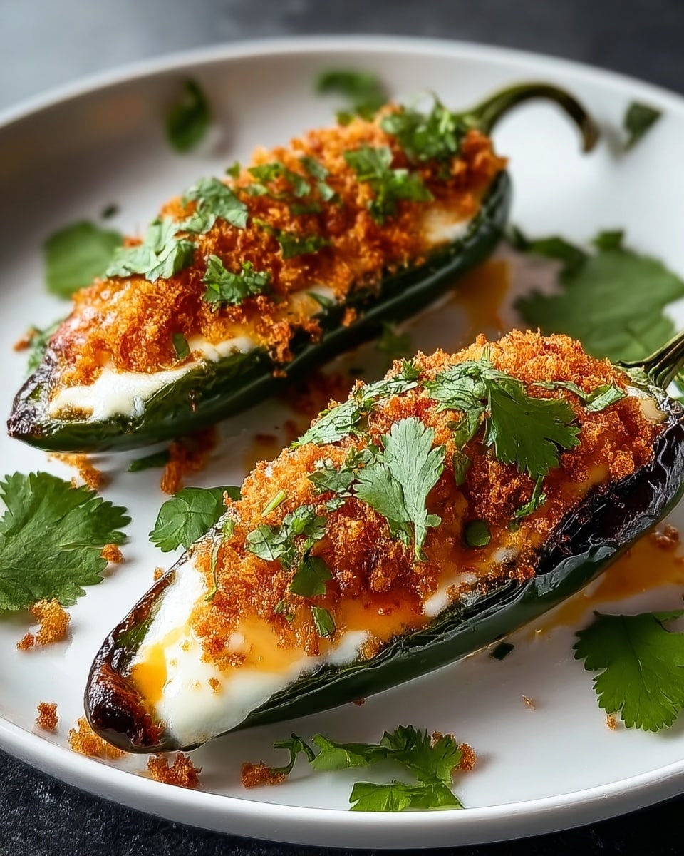 Two stuffed jalapeño halves sit on a white plate, each filled with a three-layer topping. The bottom layer is melted creamy white cheese that oozes slightly over the edges. Above is an orange-brown crispy breadcrumb layer, giving a crunchy texture. Green cilantro leaves are scattered on top and around, adding fresh color contrast. The jalapeños' shiny dark green skin forms the base, and some cheese drips onto the plate. The plate rests on a white marbled surface. photo taken with an iphone --ar 4:5 --v 7