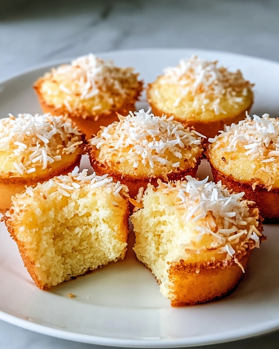 The image shows seven small coconut-topped yellow cupcakes on a white plate, arranged in a close group. Each cupcake has one layer of soft, light yellow cake with a slightly crisp, golden-brown edge. The top layer is a golden toasted coconut topping with white shredded coconut pieces spread unevenly on each cupcake. One cupcake in the front is cut in half, revealing the fluffy and moist crumb texture inside. The plate sits on a white marbled surface with soft natural light highlighting the texture and colors of the cupcakes. photo taken with an iphone --ar 4:5 --v 7