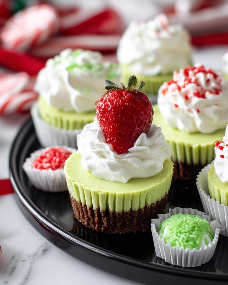A close-up view of mini green layered cheesecakes in white paper liners placed on a round black plate with a white marbled background. Each cheesecake has three distinct layers: a dark brown crumb crust base, a smooth light green middle layer, and a fluffy white whipped topping. One cheesecake is decorated with a bright red strawberry half topped with a dollop of whipped cream, while another has white whipped cream sprinkled with small red and green candy pieces. Extra green cheesecakes surround the plate, and in the background, out of focus, are red and white peppermint candies. Photo taken with an iphone --ar 4:5 --v 7