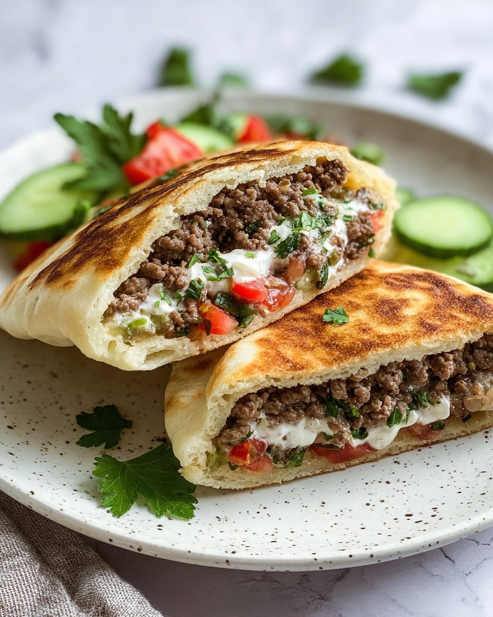 On a white plate with small brown speckles, there are two pita pockets each cut in half, revealing their fillings. The top layer inside the pita is cooked ground beef mixed with small bits of green herbs and tiny pieces of red tomato. The pita bread itself is light brown with darker brown toasted spots and a fluffy, soft texture. One pocket sits above the other, showing a fresh salad underneath that includes large chunks of red tomato, pale green cucumber slices, and white creamy cheese. The salad is garnished with more chopped green herbs. In the background, there is a blurry hint of a bowl with a white creamy substance and some green herbs on a white marbled surface. photo taken with an iphone --ar 4:5 --v 7