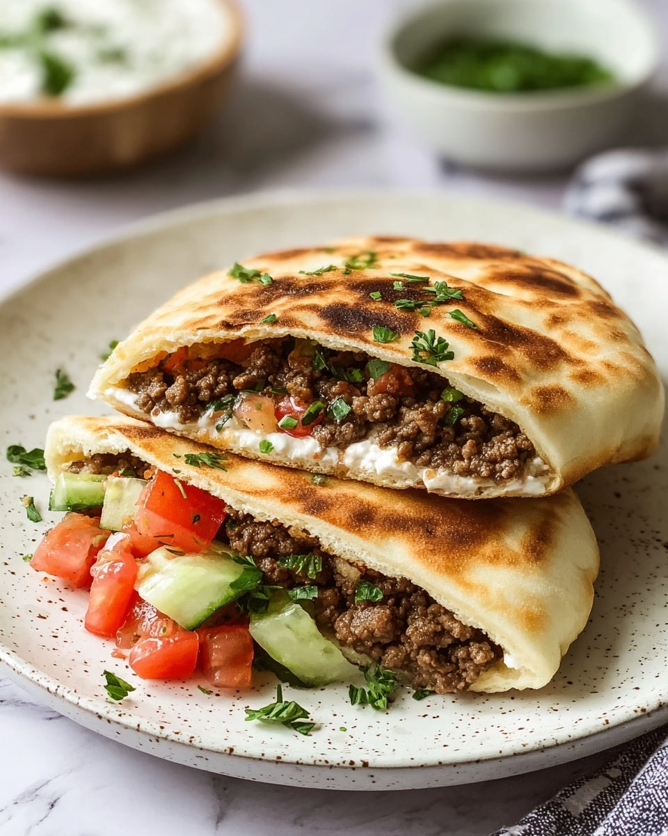 Two halves of a stuffed flatbread pita are placed on a white plate with small speckles, resting on a white marbled texture surface. The flatbread has a golden-brown toasted outside with a soft, slightly fluffy interior. Each half shows three layers inside: the top layer is ground beef with green herbs mixed in, the middle layer is white creamy cheese spread, and underneath that are pieces of fresh red tomatoes and sliced cucumbers with visible herbs. Some green parsley leaves garnish the dish, adding a fresh color contrast. Photo taken with an iphone --ar 4:5 --v 7