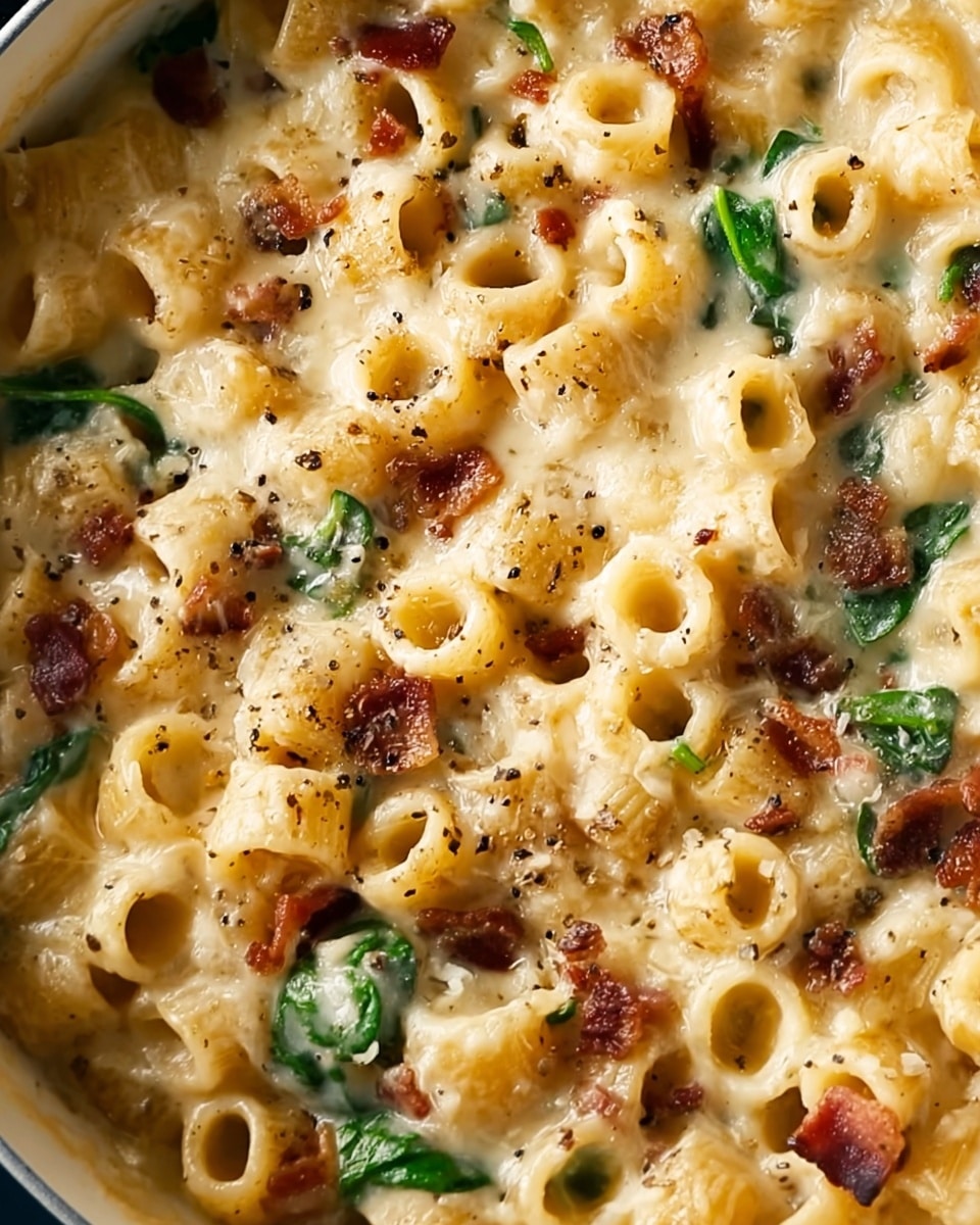 A close-up view of a creamy pasta dish in a white deep pan, showing one layer of small hollow pasta tubes coated in melted cheese sauce with a smooth, slightly golden texture. Scattered throughout the layer are small pieces of browned crispy bacon and fresh green spinach leaves, adding pops of color. The cheese sauce looks gooey and slightly browned on top with darker specks of black pepper sprinkled across the surface for seasoning. photo taken with an iphone --ar 4:5 --v 7