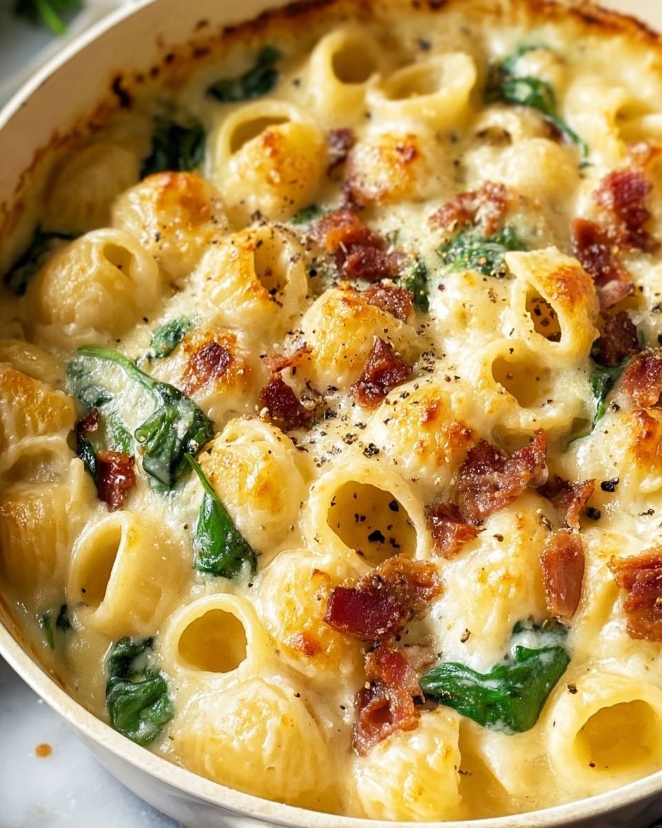 A close-up view of a white pot filled with creamy pasta made from round, hollow pasta pieces covered in a thick, smooth, light yellow cheese sauce. Scattered throughout are small pieces of crispy brown bacon and fresh green spinach leaves. The top layer of the dish shows a light golden crust with some browned cheese bubbles and black pepper specks sprinkled evenly, creating a slightly textured surface. The pot sits on a white marbled texture, and the edges of the pot have subtle browned spots from baking. Photo taken with an iphone --ar 4:5 --v 7