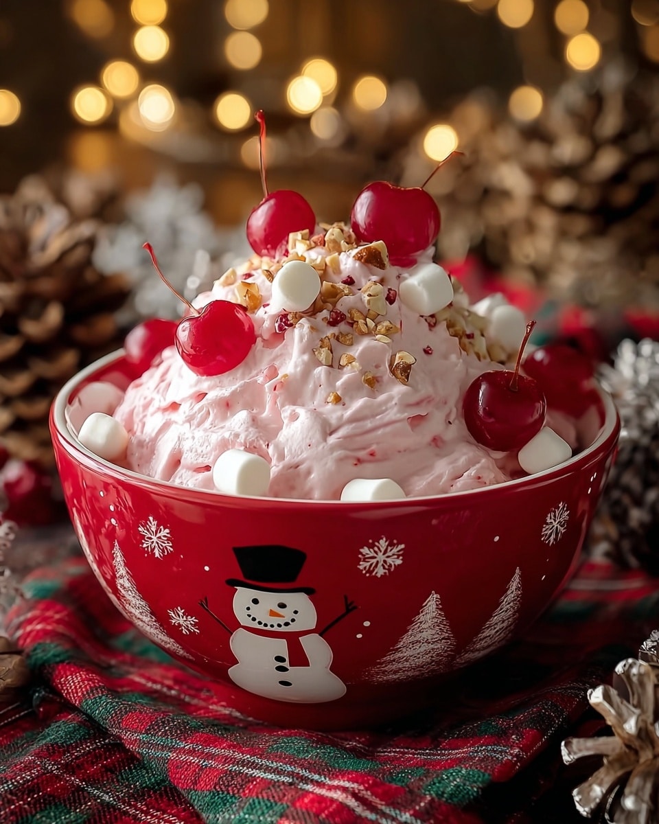 A red bowl with a snowman and white snowflake designs holds a large mound of light pink whipped dessert. The dessert is topped with bright red cherries with stems, small white marshmallows, and sprinkled chopped nuts that add a crunchy texture. The bowl sits on a plaid cloth with red and green colors, with pine cones around it, and soft golden lights creating a warm background. photo taken with an iphone --ar 4:5 --v 7