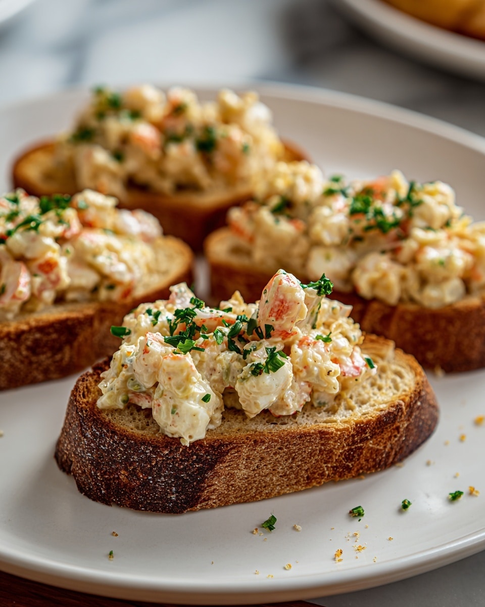 Four pieces of toasted bread are arranged on a white plate with a white marbled surface underneath. Each toast slice is golden brown with a rough crust, topped with a creamy, chunky seafood salad mixture showing small pieces of white and light orange, likely crab or shrimp, all sprinkled with small bits of green herbs. The salad has a glossy texture and sits thickly on each slice. Some herbs and tiny crumbs are scattered lightly on the plate. Photo taken with an iphone --ar 4:5 --v 7