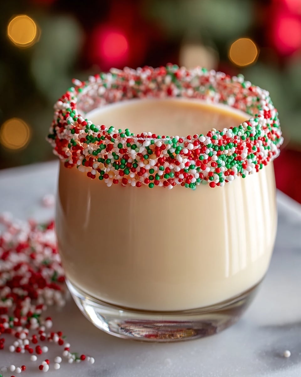 A clear glass filled almost to the top with a smooth, light beige creamy drink sits on a white marbled surface. The rim of the glass is thickly coated with small, round sprinkles in red, green, and white, creating a festive border. The background is softly blurred with hints of red and green colors, suggesting a holiday setting. photo taken with an iphone --ar 4:5 --v 7