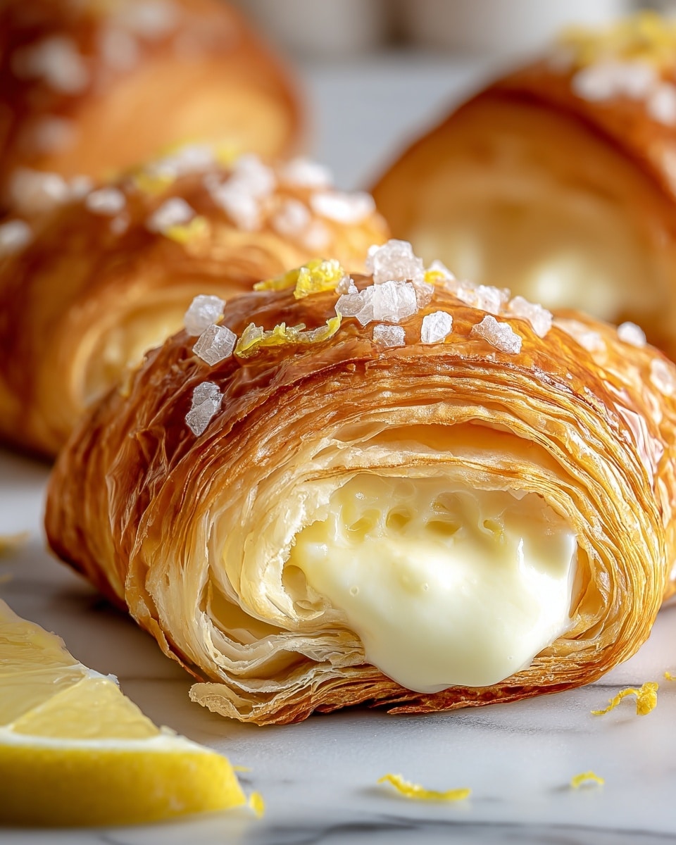A close-up view of a flaky, golden-brown croissant sliced to show a creamy white custard filling inside. The croissant has multiple thin, crispy layers that look soft and airy, with the top sprinkled with coarse sugar crystals and small pieces of lemon zest. In the foreground, a fresh lemon wedge adds a splash of yellow. The croissants rest on a white marbled texture, softly blurred croissants are visible in the background. photo taken with an iphone --ar 4:5 --v 7