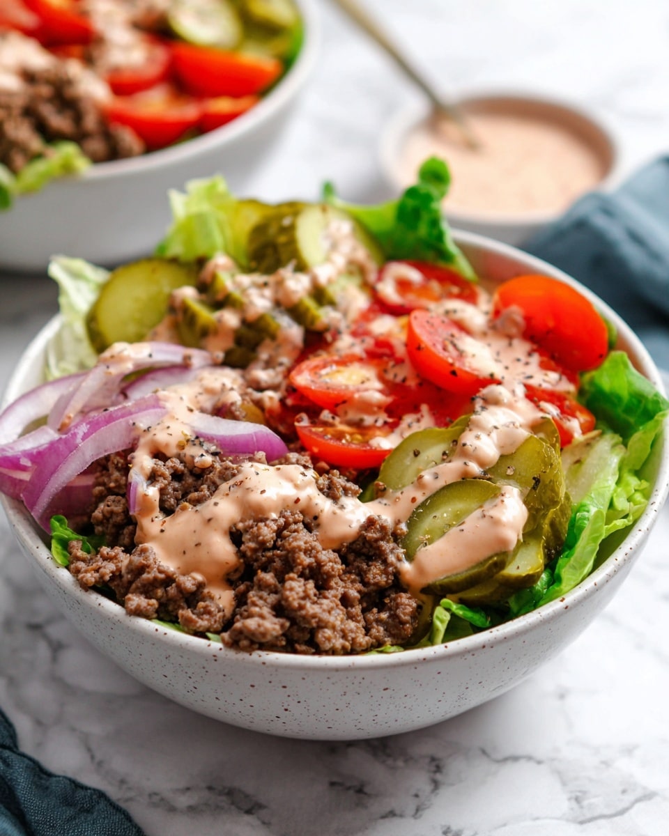 A white bowl filled with layers of fresh lettuce as the bottom layer, topped with sections of ground cooked beef in a brown color and crumbly texture, slices of light green pickles on one side, bright red halved cherry tomatoes, and thin slices of purple onion scattered across. The whole bowl is lightly drizzled with a creamy light pink sauce, slightly speckled with black pepper. The bowl is placed on a white marbled surface with a blurred second bowl in the background. Photo taken with an iphone --ar 4:5 --v 7