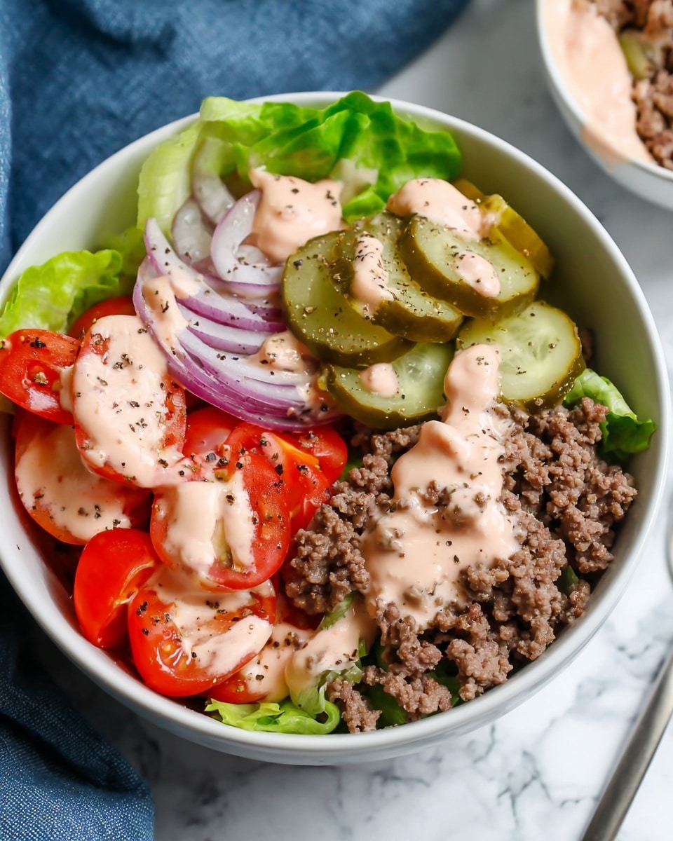 A white bowl filled with a salad starting with a base of green lettuce leaves at the bottom. On the right half, there is a layer of cooked, crumbled ground beef that looks brown and moist. On top of the beef are slices of green pickles covered by a light pink creamy sauce. On the left side of the bowl, there are bright red halved cherry tomatoes mixed with thin slices of purple onion, also drizzled with the same pink sauce which is sprinkled with black pepper. The bowl is placed on a white marbled surface with a blue cloth nearby. photo taken with an iphone --ar 4:5 --v 7