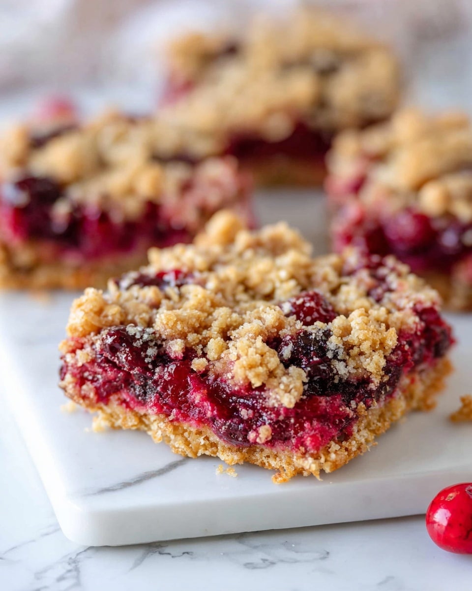 The image shows close-up of two round berry crumbles on a white plate with a white marbled texture surface. Each crumble has two visible layers: the bottom layer is a slightly golden, crumbly and oat-textured base, while the top layer is a mix of red and dark purple cooked berries covered with a crumbly, light brown streusel topping. The front crumble is more in focus, showing the juicy, vibrant berry filling mixed with the crumbly top. The back crumble is partially eaten, revealing the inside texture and juicy berries more clearly. A few whole fresh red berries are scattered around the plate. Photo taken with an iphone --ar 4:5 --v 7