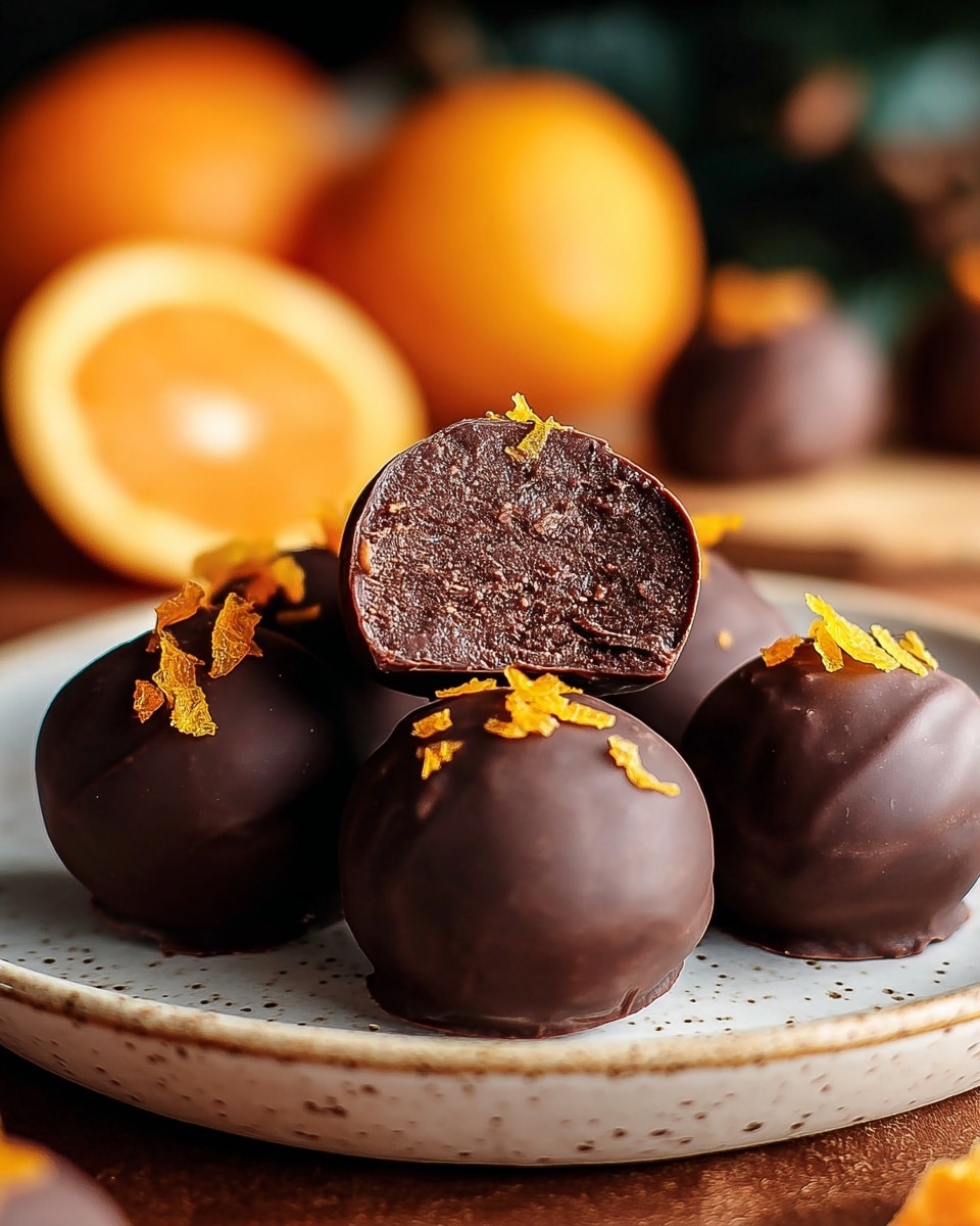 The image shows five smooth dark chocolate truffles placed on a white speckled plate with a raised edge, set on a white marbled surface. Four truffles form the base layer, each topped with small pieces of bright orange zest, giving a vibrant contrast to the dark chocolate. The fifth truffle sits on top at the center, cut in half to reveal its dense, creamy, dark brown chocolate filling inside. Around the plate, blurred orange slices and whole oranges add a warm background glow that enhances the rich colors of the truffles. photo taken with an iphone --ar 4:5 --v 7