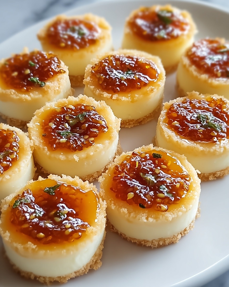 Small round treats arranged neatly on a white plate, each having two layers: a creamy pale yellow base with a soft and smooth texture, topped with a glossy amber jelly center that contains small seeds and tiny green herb bits scattered inside. The edges of the base are slightly rough and crumbly while the jelly layer shines with a sticky, wet look. The plate is placed on a white marbled surface with soft natural light highlighting the shiny tops of the treats. Photo taken with an iphone --ar 4:5 --v 7