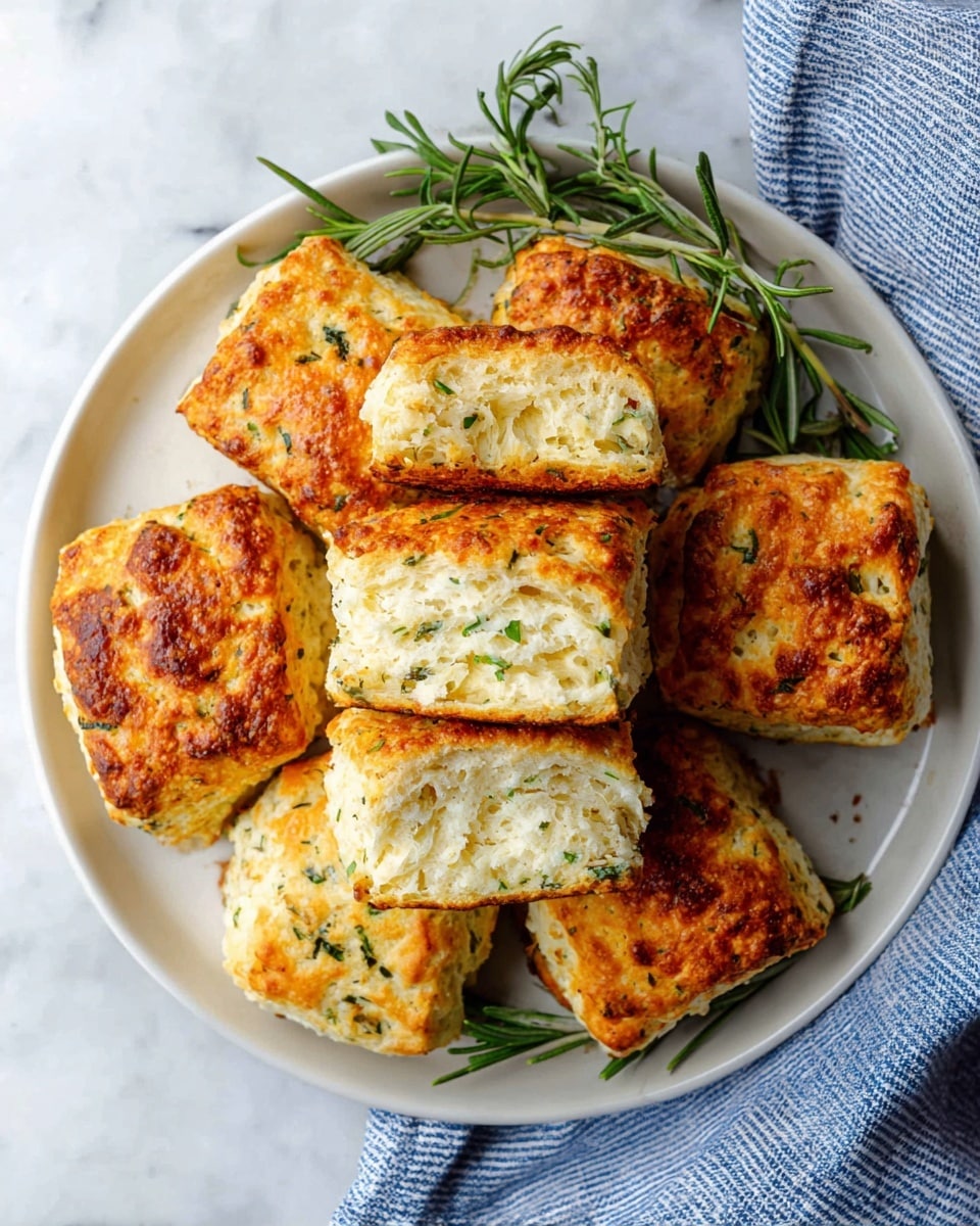 The image shows a white round plate filled with eight golden brown, square-shaped biscuits with a crispy top layer. The biscuits have a flaky texture with visible herbs mixed inside, giving little pops of green throughout the soft, airy inner layers. One biscuit is cut in half and positioned on top, showing the light and fluffy inside with bits of herbs. Fresh rosemary sprigs are placed around the biscuits for decoration. The plate is set on a white marbled surface next to a blue and white striped cloth. photo taken with an iphone --ar 4:5 --v 7