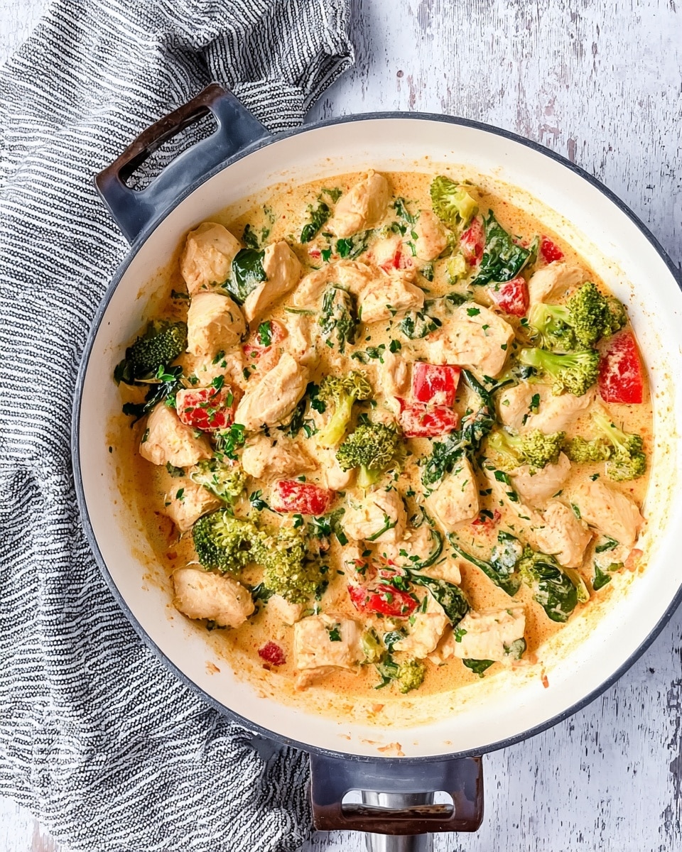 The dish is a creamy chicken and vegetable stew served in a white pan with dark handles on both sides. The stew has chunks of light brown cooked chicken, green broccoli florets, spinach leaves, and small red tomato pieces all mixed together in a thick creamy light orange sauce with specks of green herbs. The pan sits on a white marbled textured surface with a gray and white striped cloth placed next to it on the left side. The creamy sauce slightly splashes around the inner rim of the pan, showing its rich texture. Photo taken with an iphone --ar 4:5 --v 7
