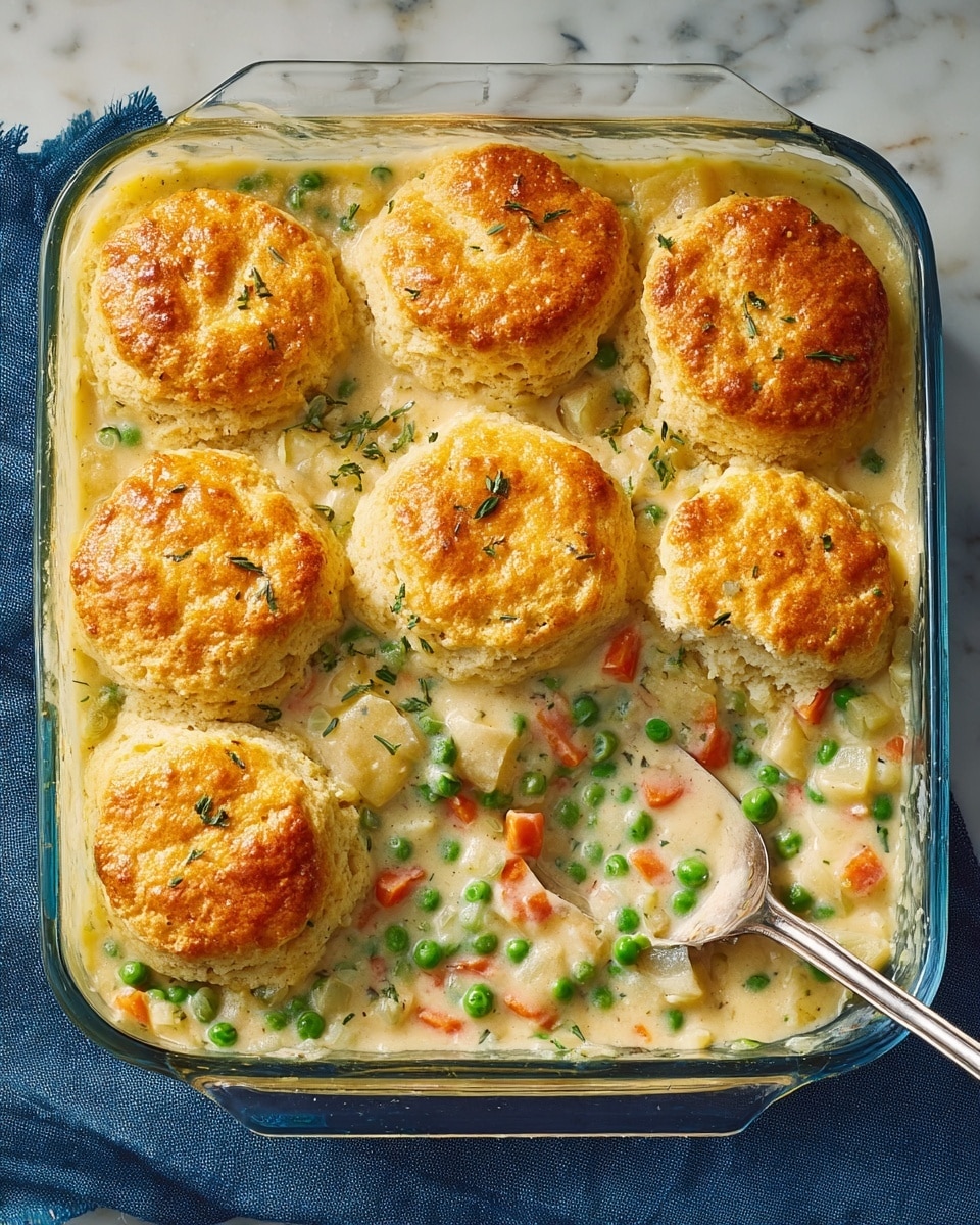 A clear glass baking dish contains a golden-brown biscuit topping with seven thick, round, fluffy biscuits arranged closely in two rows. Beneath the biscuits is a creamy sauce filled with small bright green peas, diced orange carrots, and bits of translucent white chicken or potatoes, all mixed together. Some green herbs are sprinkled on top of the biscuits and sauce, adding color contrast. A metal spoon is partially submerged in the sauce on the right side of the dish, resting against the edge. The dish is placed on a folded blue cloth over a white marbled surface. photo taken with an iphone --ar 4:5 --v 7