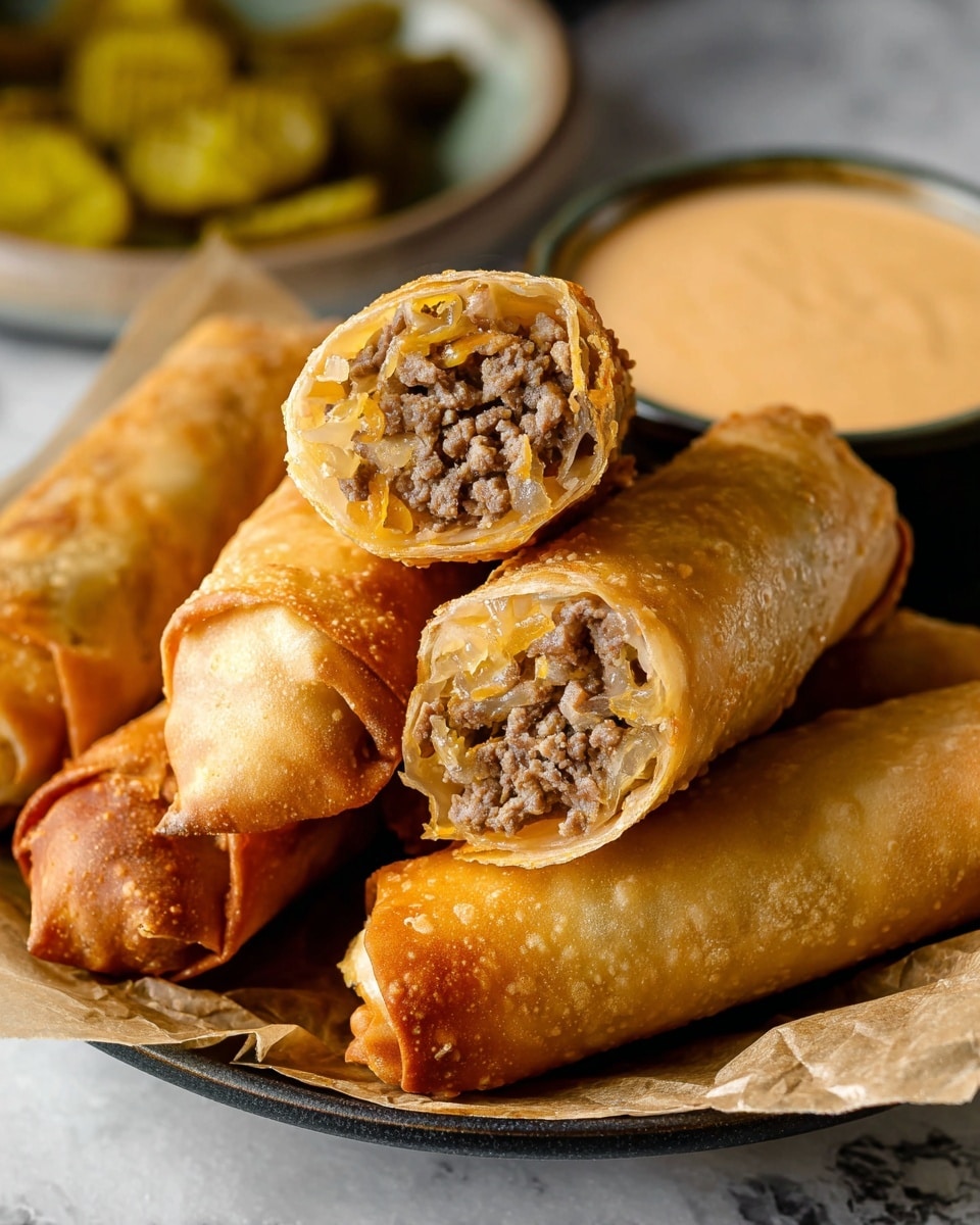 A group of golden-brown egg rolls is stacked on a white plate lined with brown paper. Two egg rolls are cut in half and placed on top, showing layers inside: a thin, crispy light brown outer shell, then a filling of finely chopped cooked ground meat mixed with tiny bits of onions and melted cheese, giving a mix of light brown, beige, and orange colors. The texture of the outer shell is flaky and crisp, while the filling looks soft and juicy. In the background, there is a small bowl of creamy, light orange dipping sauce and some pickles visible out of focus, all set on a white marbled surface. Photo taken with an iphone --ar 4:5 --v 7