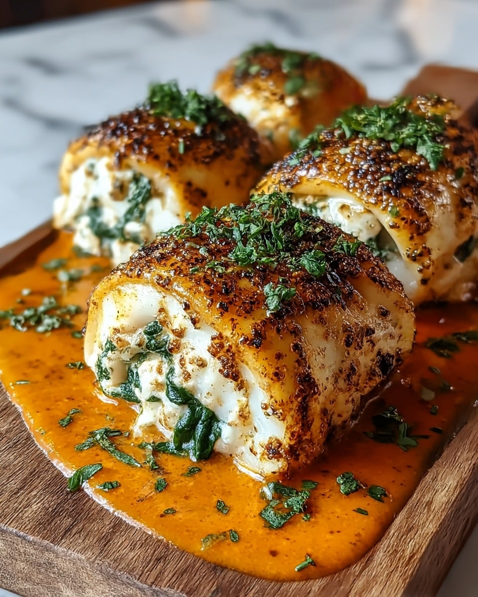 Three pieces of stuffed rolls are placed closely on a rectangular wooden board, each roll showing three layers: the outer layer is a golden-brown grilled crust with blackened spice spots, the middle layer is a white fish or similar protein, and the inner filling is a creamy white mixture dotted with green spinach leaves. The rolls are garnished on top with finely chopped green herbs and sit in a pool of bright orange sauce that spreads around them on the board. The surface beneath the board is a white marbled texture. photo taken with an iphone --ar 4:5 --v 7