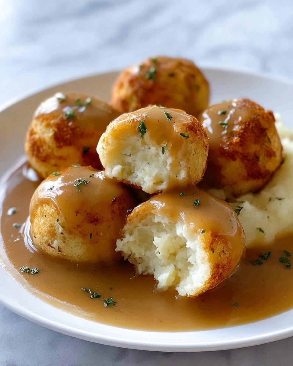 The image shows a white plate filled with five round mashed potato balls that are golden brown and crispy on the outside. Each ball has a smooth, creamy mashed potato layer inside, visible in one piece that is cut open. The mashed potato balls are covered with a shiny, thick, light brown gravy that coats the top and pools around the base. Small green herb pieces are scattered lightly over some of the balls. The background is a white marbled texture. photo taken with an iphone --ar 4:5 --v 7