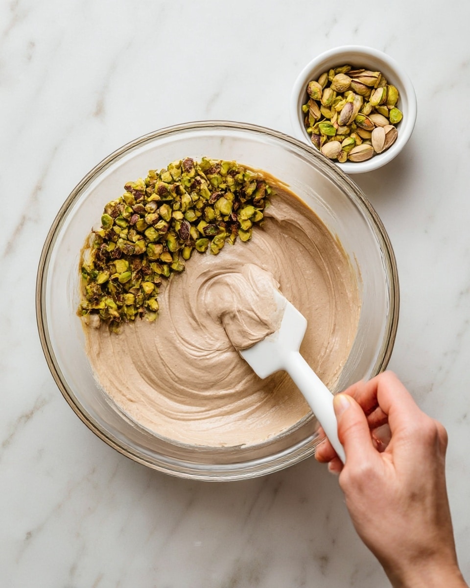 A clear glass bowl sits on a white marbled surface, holding a light brown creamy mixture with a smooth texture, swirled in the bowl. On top of the mixture, on the left side, there is a pile of chopped green pistachios with some brown bits. A white spatula is partially inserted into the mixture, lifting some of it, held by a woman's hand on the right side of the image. A small white bowl with more chopped pistachios is placed above the glass bowl to the right. Photo taken with an iphone --ar 4:5 --v 7